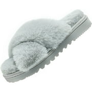LORDFON Open Toe Cross Band Fuzzy Womens Slippers Fluffy House Slippers with Memory Foam