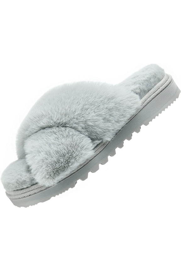 Open Toe Cross Band Fuzzy Womens Slippers Fluffy House Slippers with Memory Foam