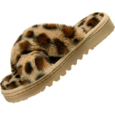 LORDFON Open Toe Cross Band Fuzzy Womens Slippers Fluffy House Slippers with Memory Foam