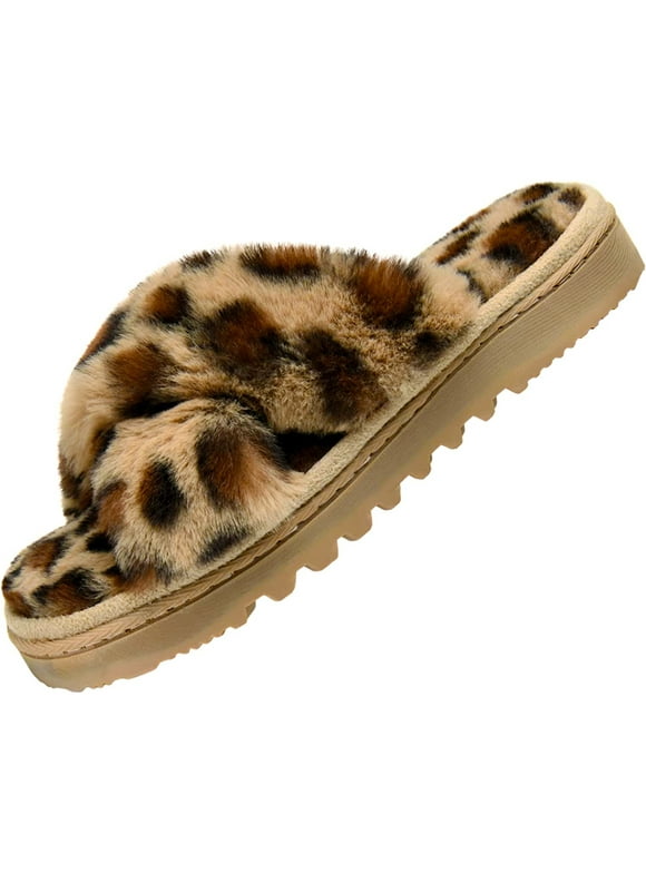 LORDFON Open Toe Cross Band Fuzzy Womens Slippers Fluffy House Slippers with Memory Foam