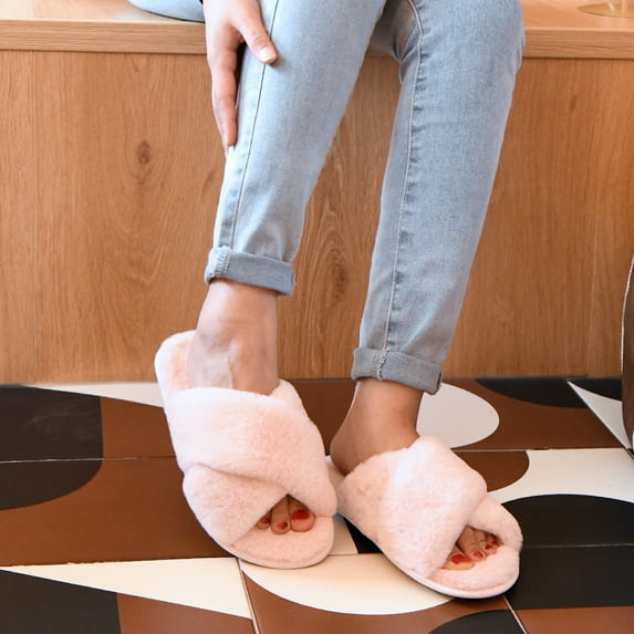 LORDFON Open Toe Cross Band Womens House Slippers Fluffy Indoor Slip On Slippers