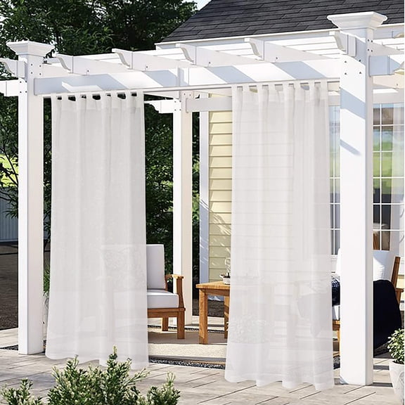 LORDTEX Burlap Linen Look Outdoor Curtain for Patio - 2 Panels Waterproof Tab Top Sheer Curtains Pergola, Porch, Cabana and Gazebo Indoor/Outdoor Voile Drapes, 52 x 84 Inch, Vanilla