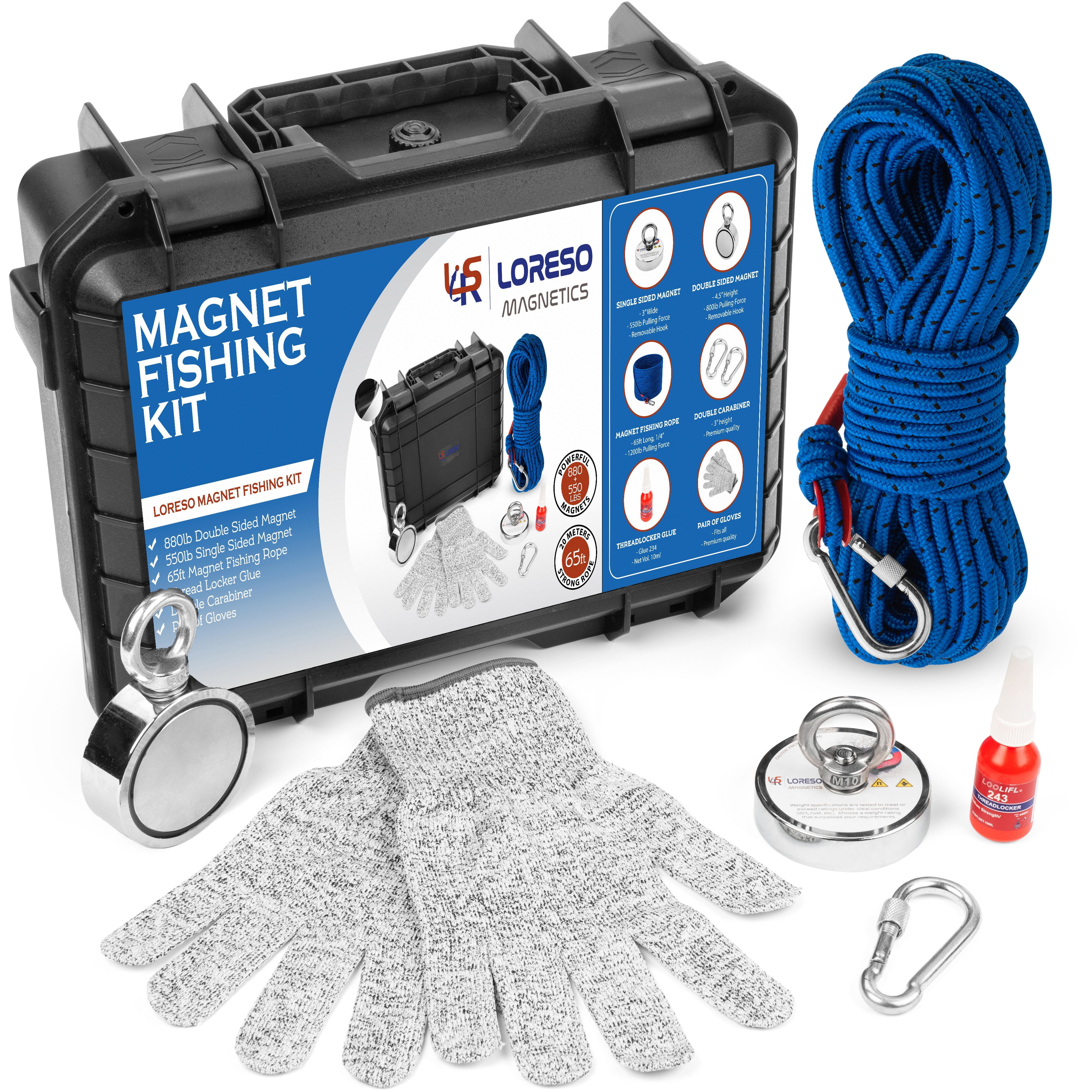 Uolor 300KG Pull Force Double Sided Complete Fishing Magnet Kit for Magnet  Fishing - Includes 20M Rope with Carabiner, Gloves, Threadlocker for  Retrieving Items in River, Lake, Beach, Lawn : : Sports