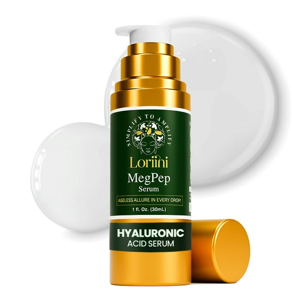 LORIINI MegPep Anti-Aging Serum with Multi-Peptides, Hyaluronic Acid, Ceramides, and Gold Bhasma Hydrates, Firms, and Reduces Wrinkles Luxury Skincare, 1 oz