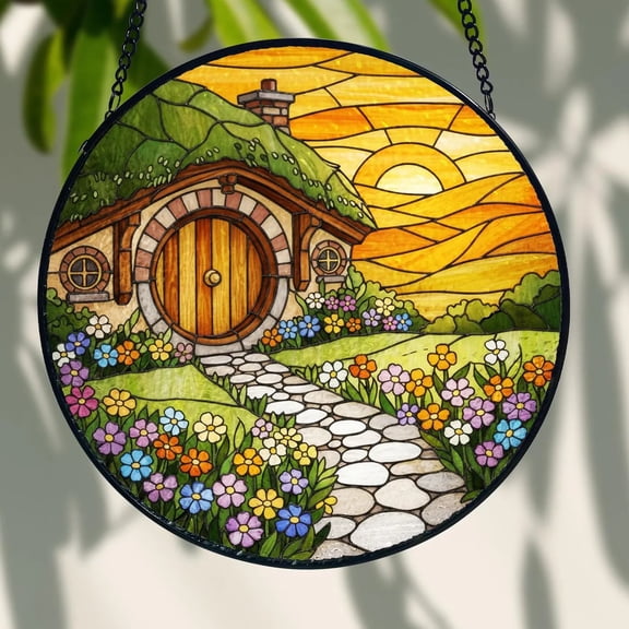 LORT Hobbit House Window Hanging Suncatcher, Cottage Garden Glass Ornament, Round Window Decor, Cozy Home Gift, Fairy Tale Cottage Glass Art, Modern Stained Glass Suncatcher, Minimal Window Hanging,