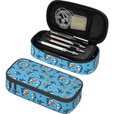 Lorture Shark Polyester Pencil Cases with Compartments, Blue, 1 Count