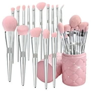 LORYP 15Pcs Makeup Brushes Set Labeled with Pink Brush Holder Glitter Make up Brush Set