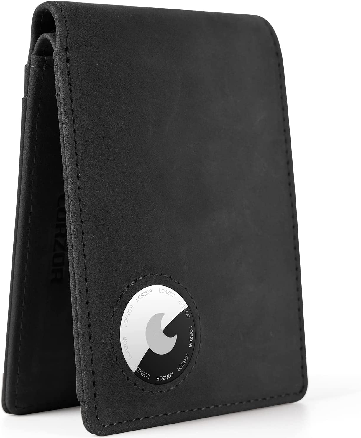 LORZOR® Airtag Wallet, slanke portemonnee met muntenvak, herenportemonnee van echt leer, RFID-blokkering, kaartenetui heren, ruimte voor 10 kaarten, portemonnee voor mannen, zwart-rood, 9.8*7*2cm
