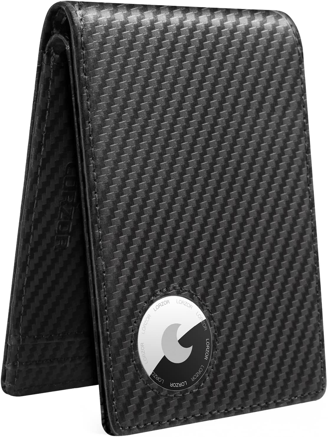 LORZOR Airtag Wallet, Full Grain Leather Minimalist Mens Wallet for Airtag, Bifold RFID Blocking Airtag Wallet for Apple Airtag Holder, with ID Window, 12 Cards Gift Box,Carbon