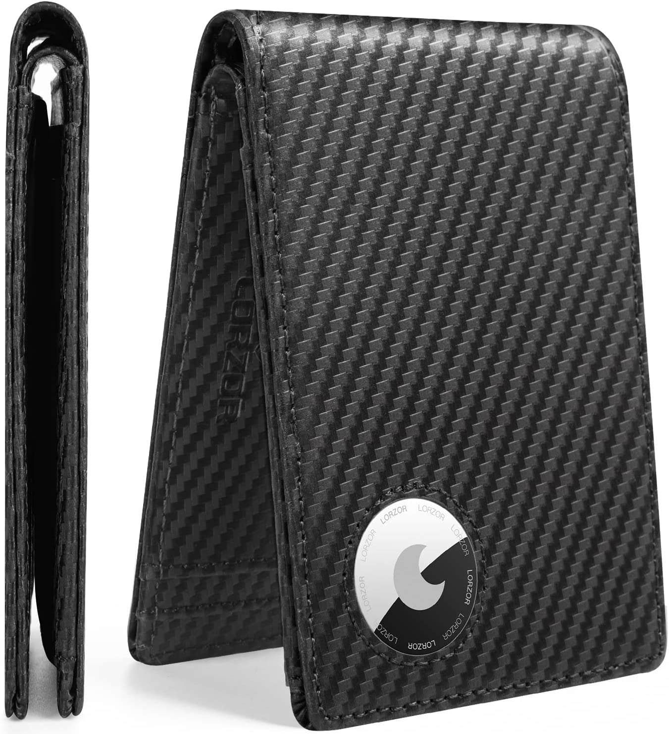 LORZOR Airtag Wallet, Full Grain Leather Minimalist Mens Wallet for Airtag, Bifold RFID Blocking Airtag Wallet for Apple Airtag Holder, with ID Window, 12 Cards Gift Box,Carbon