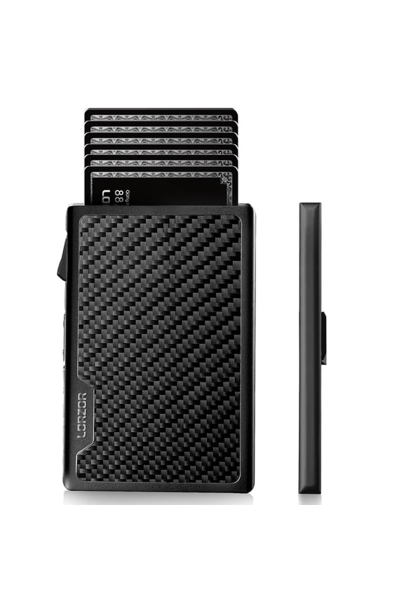 Carbon Fiber Wallet for Men, 0.3IN Ultra-slim Minimalist Card Holder with Money Clip, Trigger Button for Quick Card Access, Ultra-light Aerospace Aluminum, RFID-Blocking, Gift Box Y101