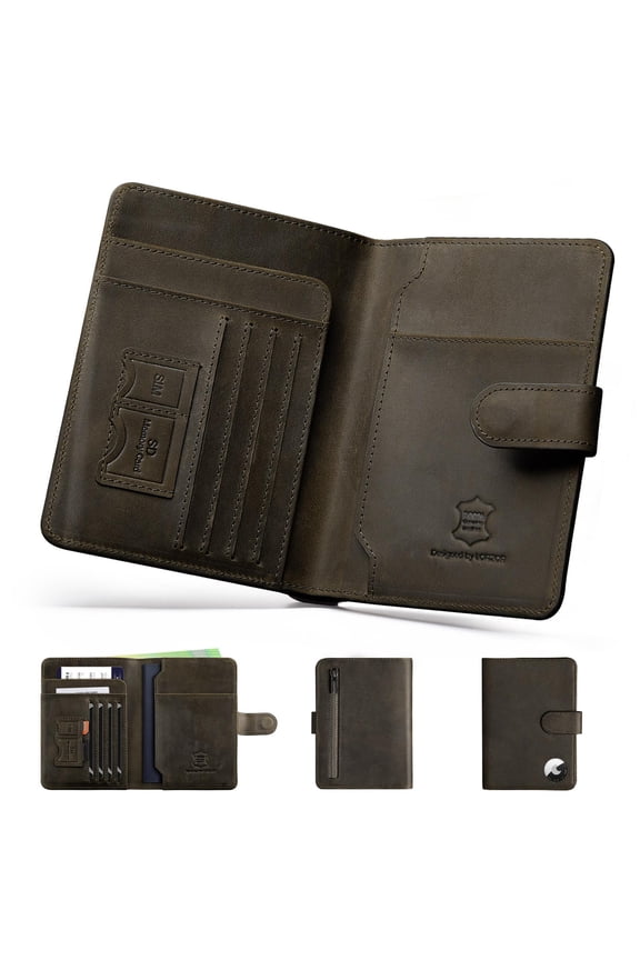 Passport Holder for Travel: Full Grain Leather Passport Cover with Airtag Holder Magnetic Buckle for Men - RFID Blocking Bifold Wallet for Air Ticket Card Cash Coin (Black-yellow) Y101