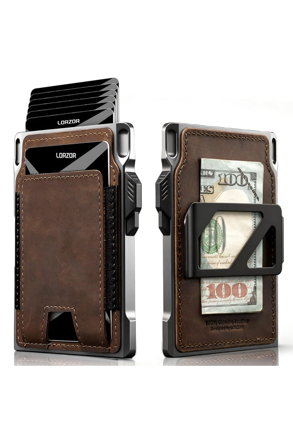 Slim Tactical Wallet for Men- Minimalist Front Full Grain Leather Wallet for 10 Cards, RFID Blocking Aluminum Cardholder, Smart Pop Up Card Case, Money Clip, Gift Boxed(DistressBrown) A101
