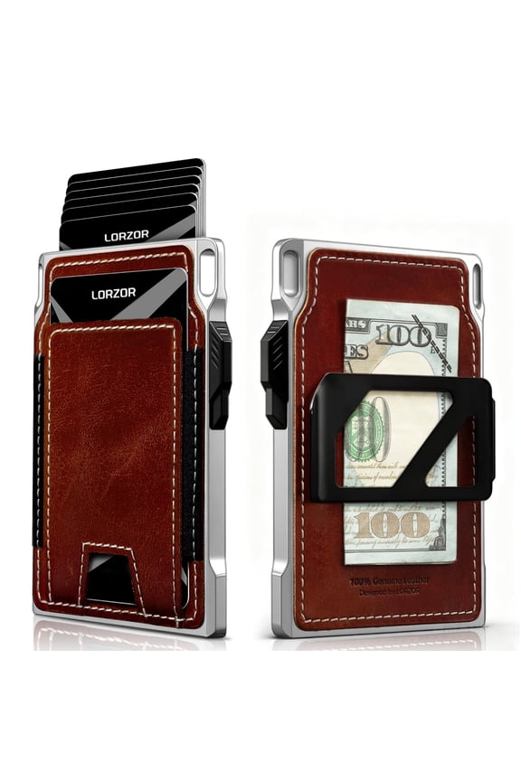 Slim Tactical Wallet for Men- Minimalist Full Grain Leather Wallet for 10 Cards, RFID Blocking Aluminum Cardholder, Smart Pop Up Card Case, Front Pocket, Money Clip, Gift for Women Men Y101