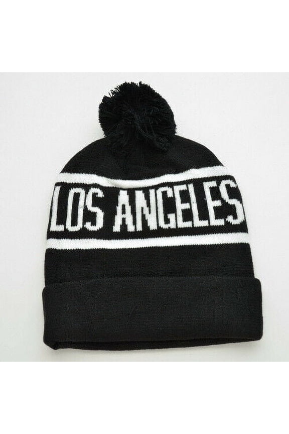 LOS ANGELES BLACK WHITE Pom Beanie Hat Black Winter Cuffed Pom Warm Knit Cap