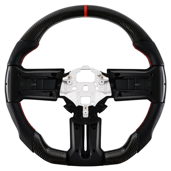 LOSCHEN Real Carbon Fiber Steering Wheel For Mustang EcoBoost/GT/Shelby GT350/GT350R 2012-2014 D-shaped Nappa Perforated Leather Flat-bottom Steering Wheel