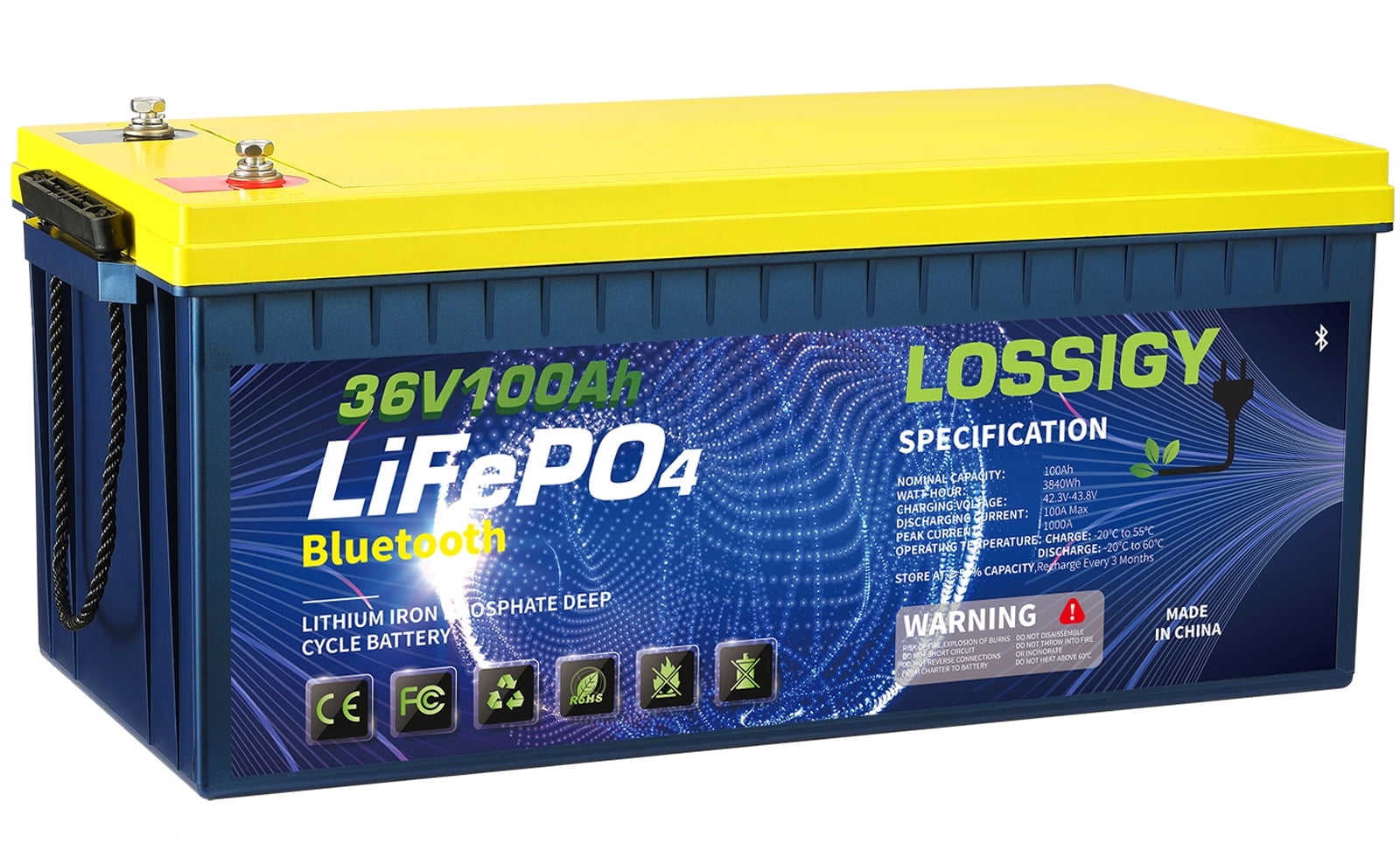 LOSSIGY 36V 100AH LiFePO4 Lithium Battery, Perfect for Golf Cart, Solar System, Marine, 3840Wh 5000+ Deep Cycles, Built in BMS with 10 Yrs Lifespan