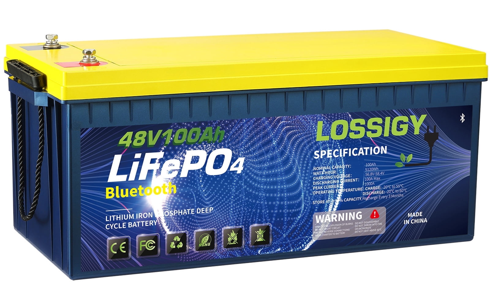 LOSSIGY 48V 100AH LiFePO4 Lithium Battery, Perfect for Golf Cart, Solar System, Marine, 5120Wh 5000+ Deep Cycles, Built in BMS with 10 Yrs Lifespan