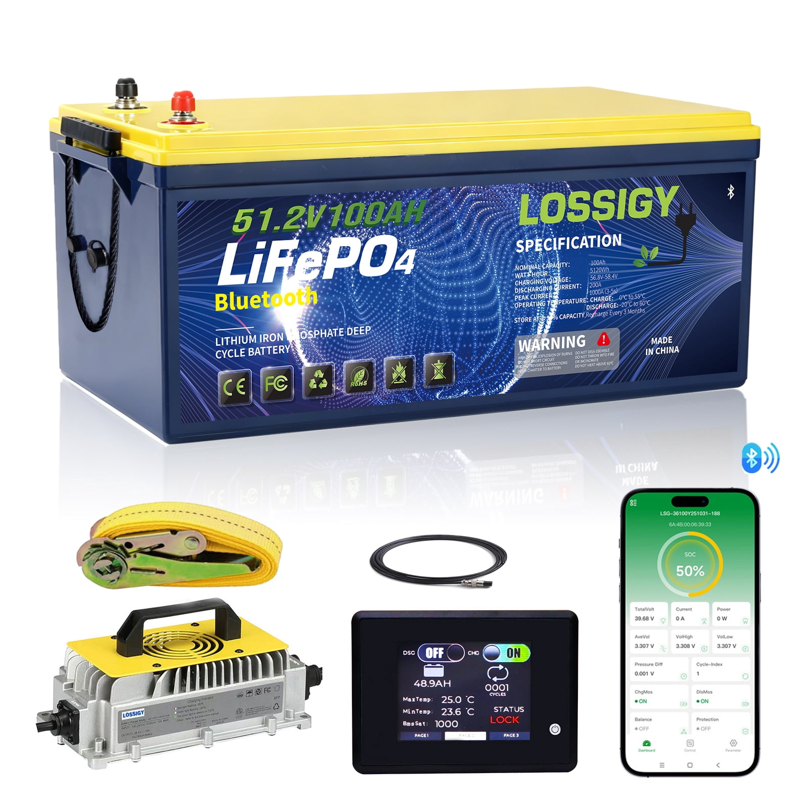 LOSSIGY 48V 100AH LiFePO4 Lithium Golf Cart Battery with 48V18A Charger, Perfect for Solar System, Marine, 5120Wh 5000+ Deep Cycles, Built in BMS with 10 Yrs Lifespan