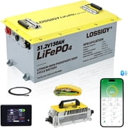 LOSSIGY 48V 150AH Lithium Golf Cart Battery with 18A Lithium Charger, For RV,Solar System, 200A BMS to protect battery,Convenient Blutooth APP,LCD 10.24kW Output&Peak Current 1000A3-5s