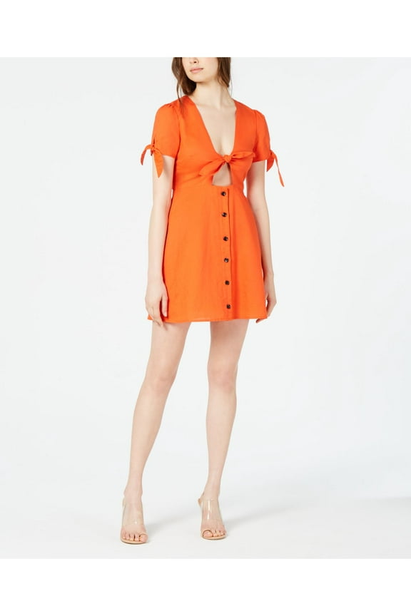 LOST + WANDER Womens Orange Short Sleeve V Neck Mini Shift Party Dress Size: S
