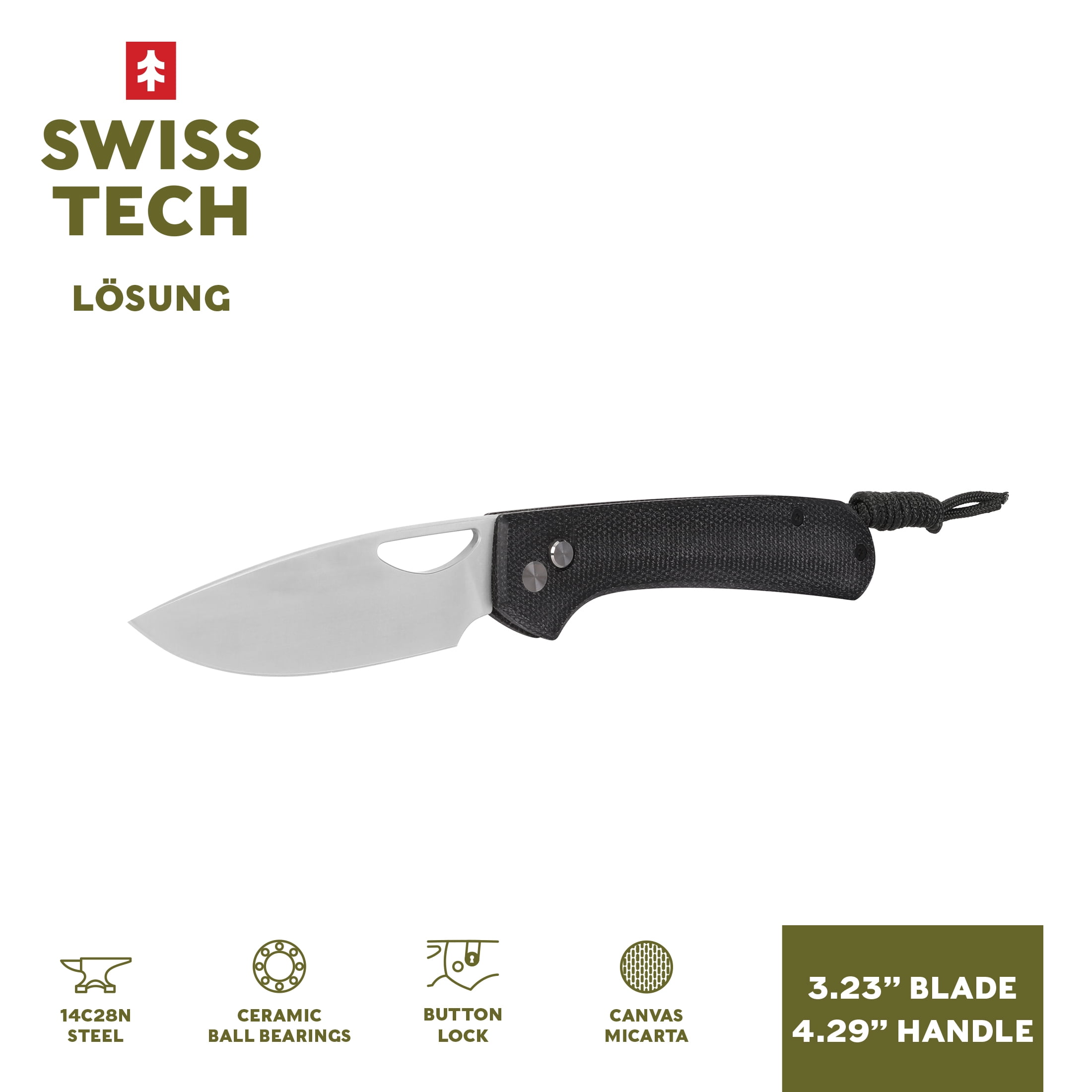 Swiss Tech Losung Premium Folding Knife, 14C28N Steel, Button Lock, Black Micarta
