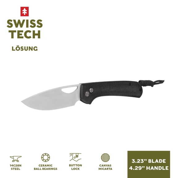 Swiss Tech Losung Premium Folding Knife, 14C28N Steel, Button Lock, Black Micarta
