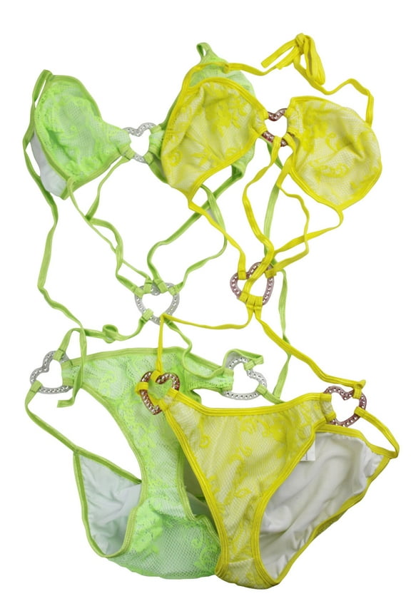 *LOT OF 2* Flirtzy Lace Full Back Monokini Set with Heart Buckles, Bikini, Swimwear, Swimsuit for Pool Beach Sunbathing, Lime Green and Yellow
