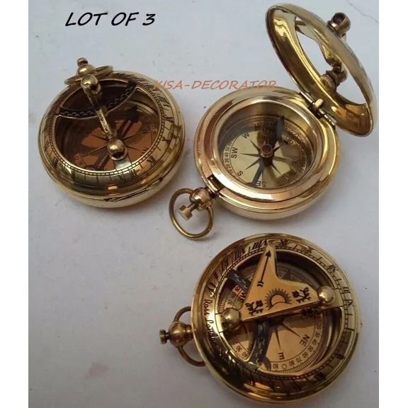 LOT OF 3 COLLECTIBLE VINTAGE MARITIME BRASS PUSH BUTTON SUNDIAL POCKET COMPASS