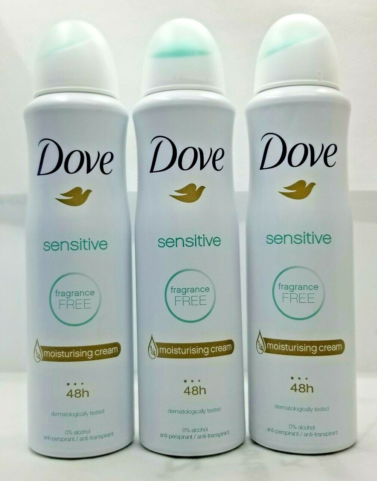 LOT OF 3Dove SENSITIVE Fragrance Free 48HR Deodorant Spray, 150ml Each