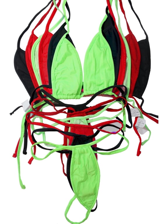 LOT OF 6 Flirtzy Micro Mini Thongs and String Tops Women G-String Bikini 2 Piece Sliding Top Thong Small Bra, Mix and Match Bikini Seperates