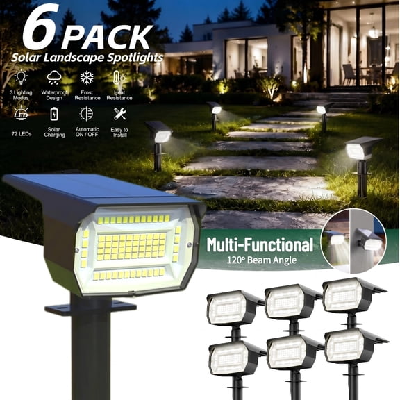 HOVMAP 6 Pack Solar Lights Outdoor 72 LEDs Solar Spot Lights 1500mAh Battery 3 Modes IP67 Waterproof ABS for Garden Yard Pathway, Cold White