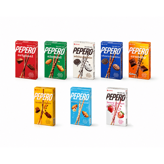 LOTTE Pepero 8 Flavor Variety Pack Chocolate Biscuit Stick Snacks, Assorted Korean Snack Collection, 8 Count