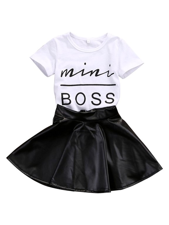 Kids Baby Girls Mini Boss Letters Short Sleeve Tops +Leather Skirt Outfits Sets