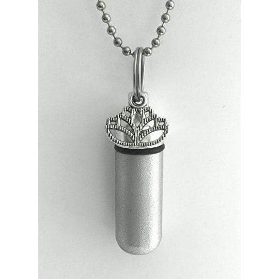 LOTUS FLOWER 2-tone Brushed Silver CREMATION URN Keepsake with Engraved Heart - Includes Velvet Pouch, Ball-Chain & Fill Kit