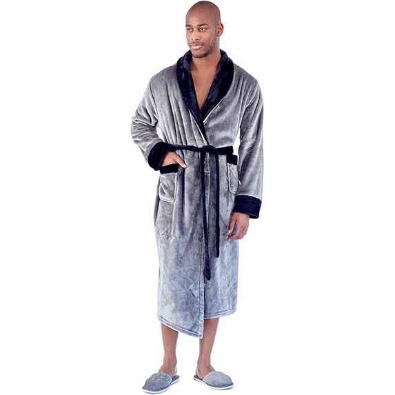Lotus Linen Shawl Plush Robe for Men - Long Soft Fleece Bathrobe, Gray Black L/XL