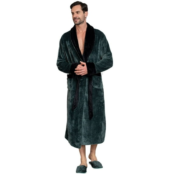 Lotus Linen Shawl Plush Robe for Men - Long Soft Fleece Bathrobe, Green Black L/XL