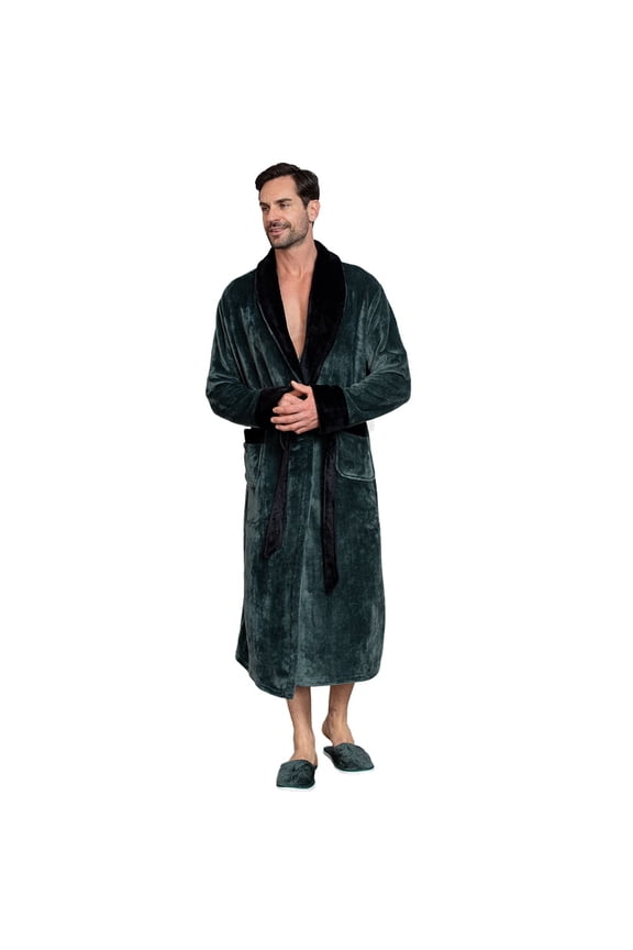Shawl Plush Robe for Men - Long Soft Fleece Bathrobe, Green Black XL/XXL