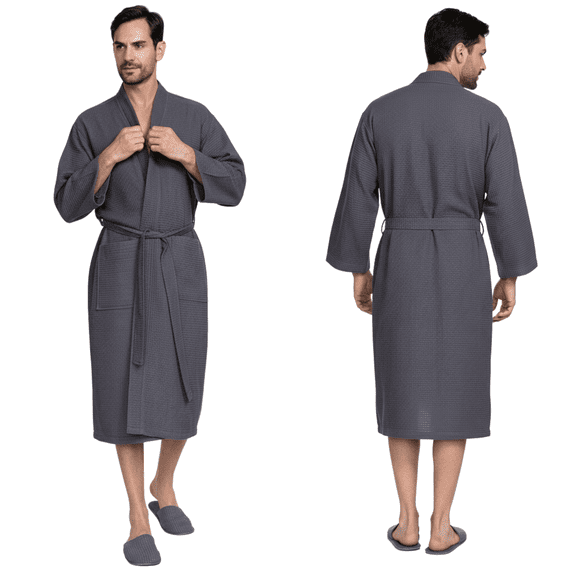 Lotus Linen Lightweight Waffle Robe for Men - Lightweight Cotton Blend Spa Bathrobe, Dark Gray Medium