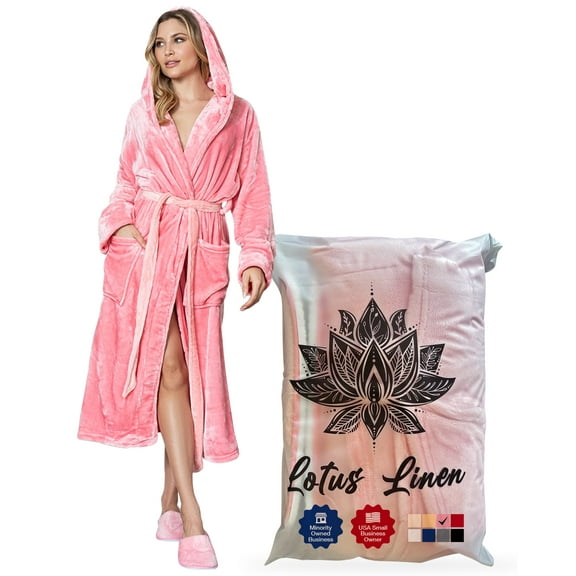Lotus Linen Women’s Cozy Plush Hooded Robe - Warm Long Fleece Bathrobe, Pink L/XL