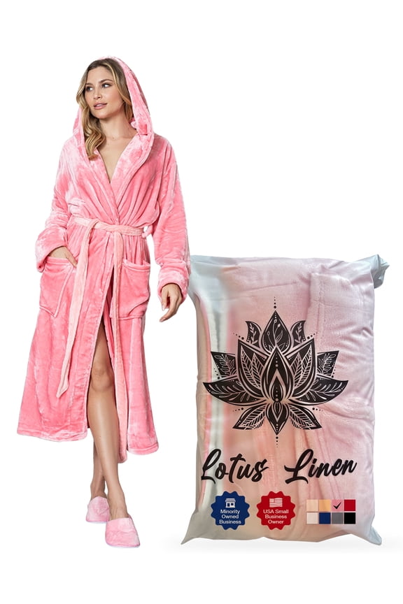 Women’s Cozy Plush Hooded Robe - Warm Long Fleece Bathrobe, Pink L/XL