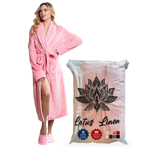 Lotus Linen Plush Robe for Women - Long Soft Fleece Bathrobe, Pink M/L