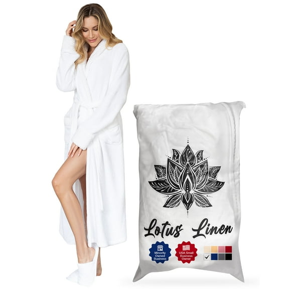 Lotus Linen Plush Robe for Women - Long Soft Fleece Bathrobe, White S/M