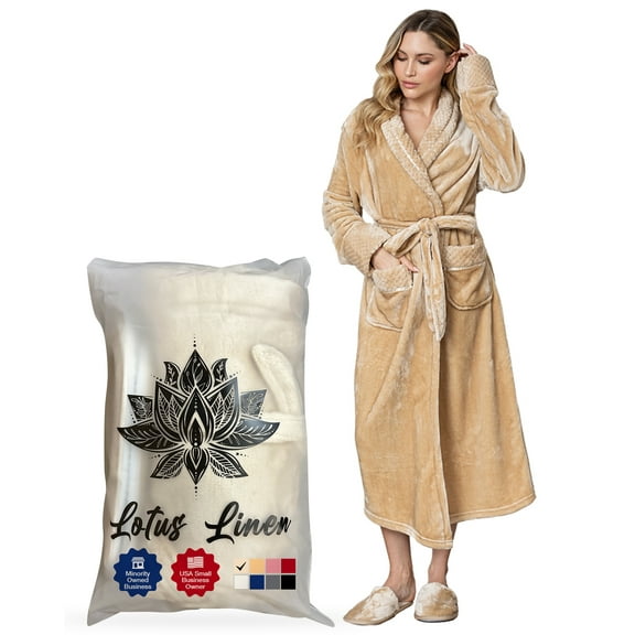 Lotus Linen Plush Robe for Women - Long Soft Fleece Bathrobe, Beige XL/XXL