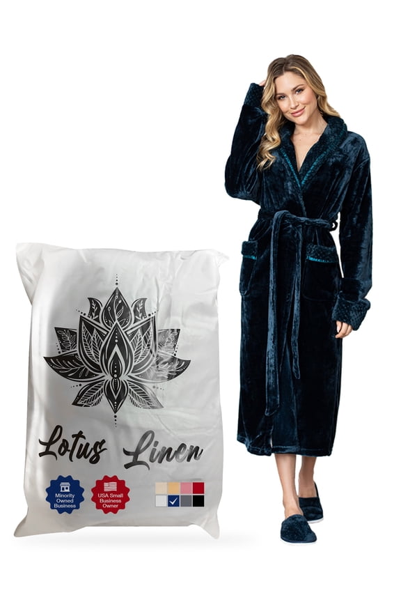 Plush Robe for Women - Long Soft Fleece Bathrobe, Navy M/L