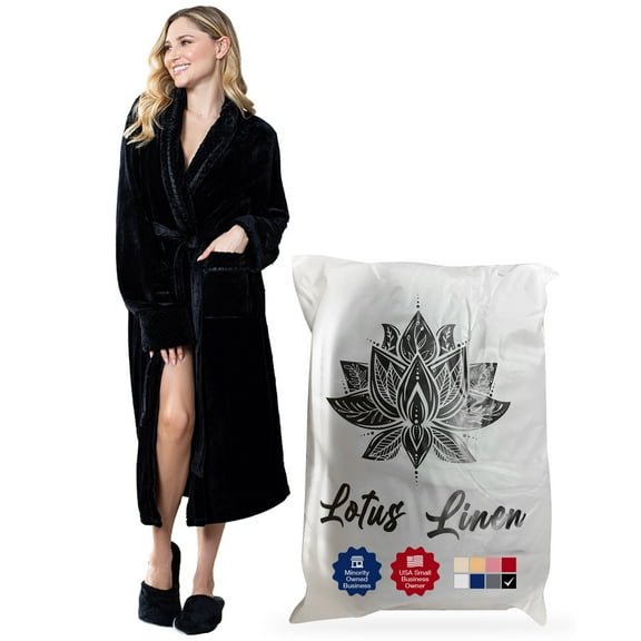 Lotus Linen Plush Robe for Women - Long Soft Fleece Bathrobe, Black S/M