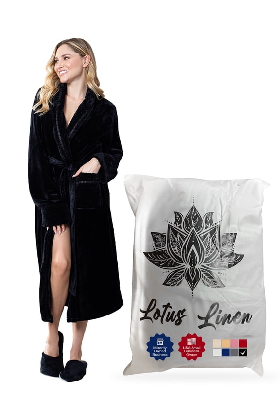 Plush Robe for Women - Long Soft Fleece Bathrobe, Black L/XL