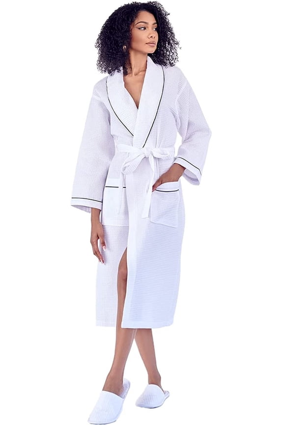 Women’s Waffle Robe with Piping - Lightweight Cotton Spa Bathrobe, White X-Large
