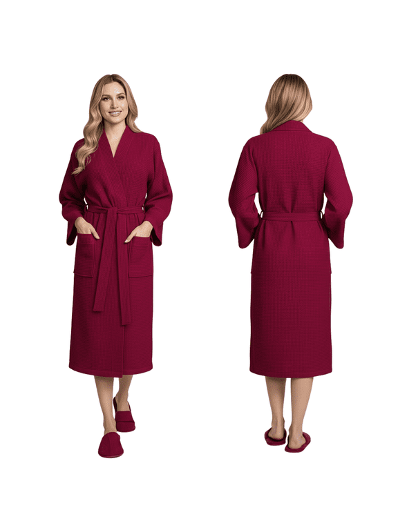 Waffle Weave Robes for Women - Quick Dry Spa Bathrobe, Wine Red Small