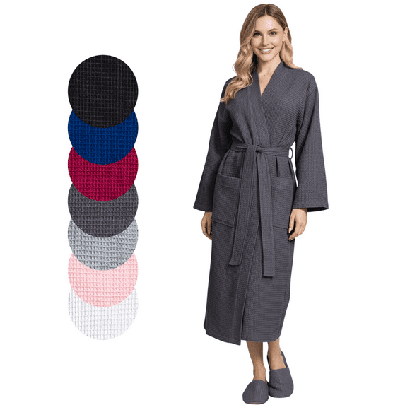 Lotus Linen Waffle Weave Robes for Women - Quick Dry Spa Bathrobe, Dark Gray XL